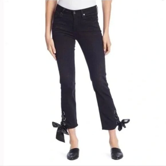 Good American Black Straight Ankle Ribbon Lace Tie Jeans, Size 14/32 - Picture 1 of 9